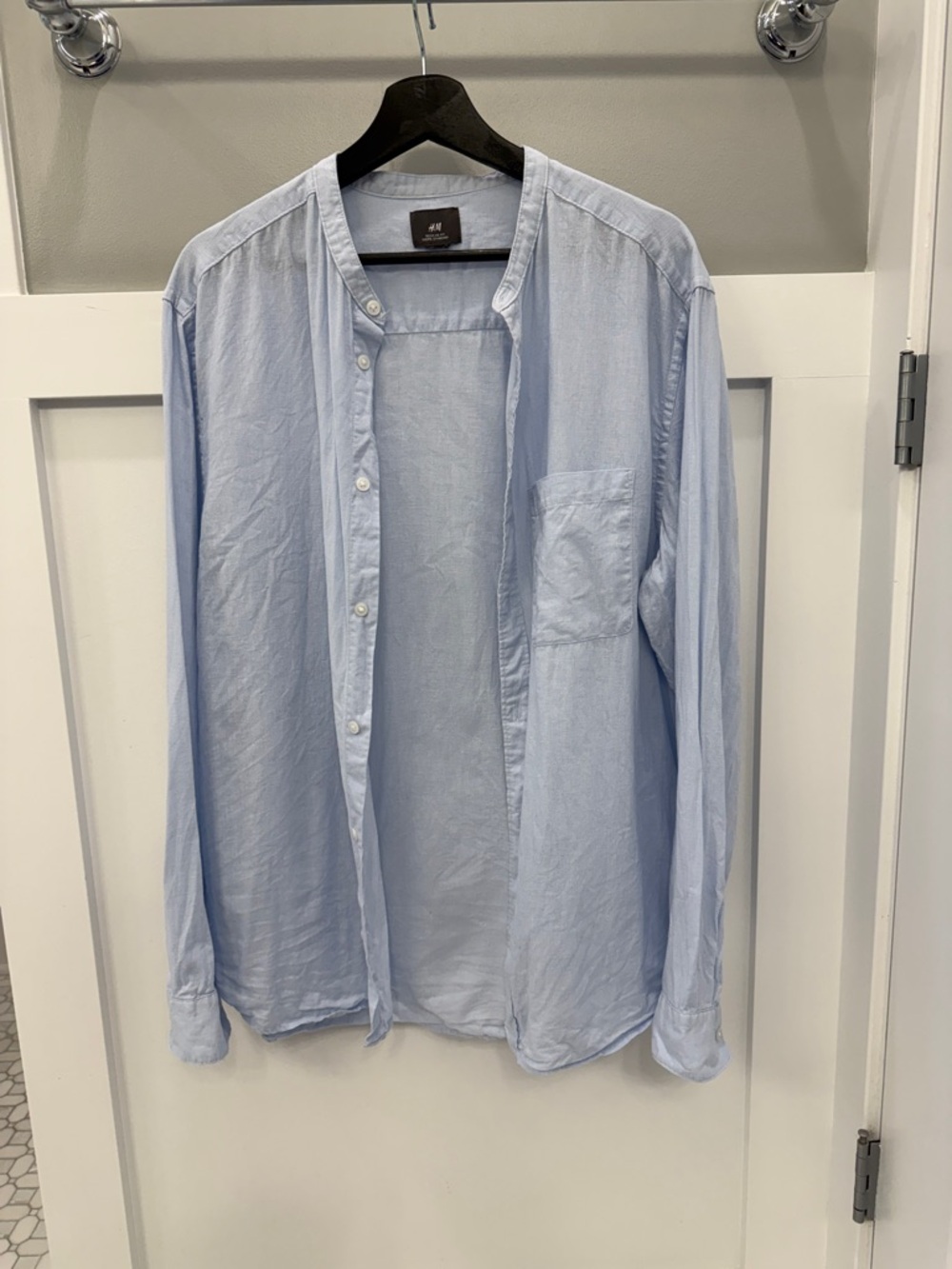 H&M Pale Blue Mandarin Collar Linen/Cotton Blend Casual Button-Down Shirt
